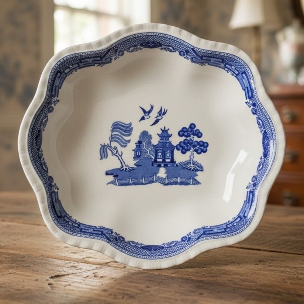 Johnson Bros Blue Willow England 6" Green Backstamp 11" Scalloped Bowl